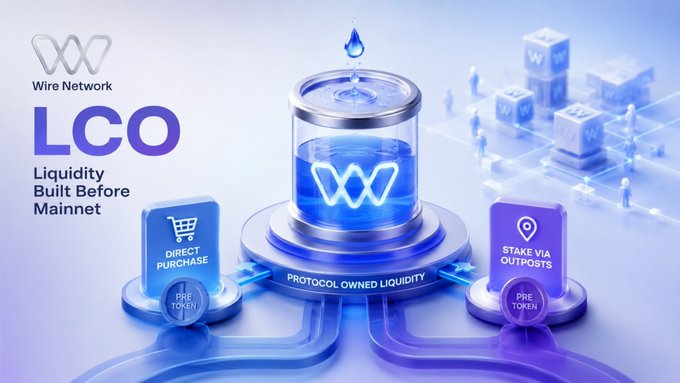 Promotional graphic for Wire Network's LCO (Liquidity Built Before Mainnet), featuring a central liquid-filled chamber with the Wire logo, surrounded by tokens labeled 'Direct Purchase' and 'Stake via Outposts', and background cubes marked with 'W'.