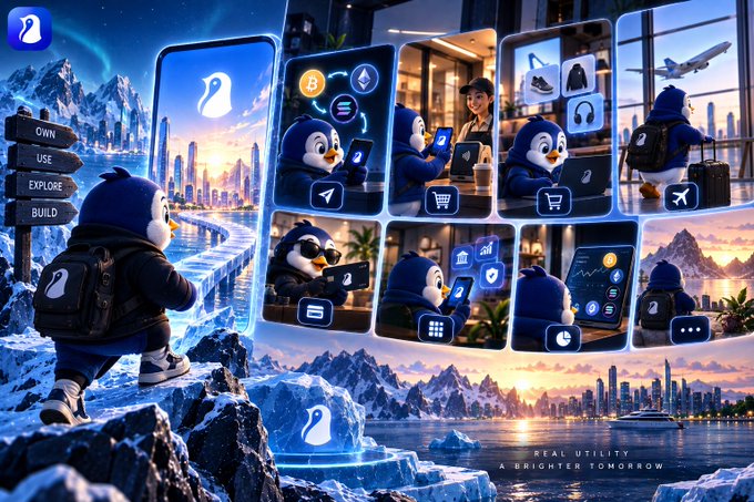 A promotional digital collage featuring a penguin-like character in various scenarios using a mobile app, with signs reading "OWN USE EXPLORE BUILD" and the text "REAL UTILITY A BRIGHTER TOMORROW" in the corner.