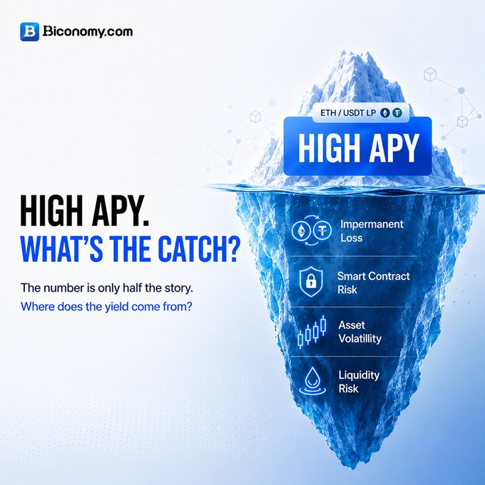 An advertisement for Biconomy.com titled 'HIGH APY. WHAT'S THE CATCH?', showing an iceberg diagram that reveals risks like Impermanent Loss, Smart Contract Risk, Asset Volatility, and Liquidity Risk below an ETH/USDT LP surface.