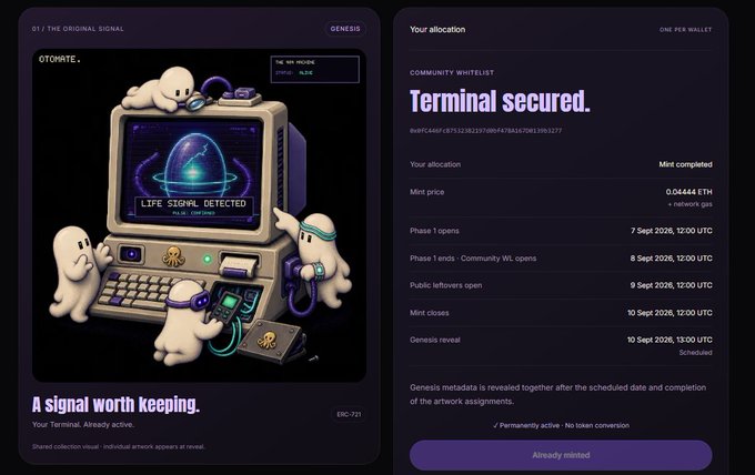 An NFT project dashboard titled 'Terminal secured' showing a Genesis artwork, mint details, and phase timelines for the Otomate collection.