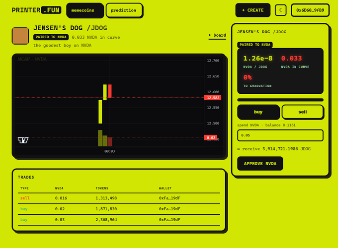 The screenshot shows PRINTER.FUN's trading interface for "JENSEN'S DOG / JDOG," a memecoin paired with NVIDIA (NVDA) stock at a rate of 8.033 NVDA, displaying a price chart, buy/sell panel with current pricing at 1.26e-8, and recent trades history including wallet "0xFA...194F."

This image illustrates the post's announcement of PRINTER.FUN as the first memecoin launchpad for tokenized stocks on Robinhood, specifically showcasing their example token "JENSENSDOG/NVDA" paired with NVIDIA shares to demonstrate how users can create memes tied to real stock tickers.