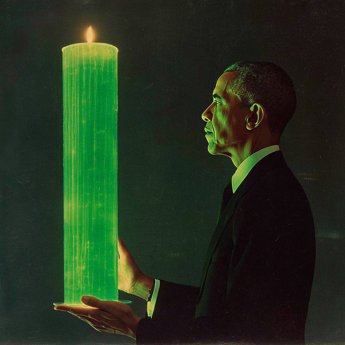 A digital painting depicting a man in a dark suit holding a large, glowing green candle with a bright flame against a dark background.
