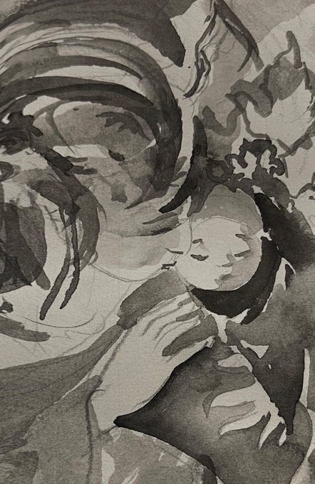 A monochromatic, ink-style artwork depicting two figures, one larger figure leaning over and embracing a smaller figure with closed eyes, rendered in expressive black and grey brushstrokes.