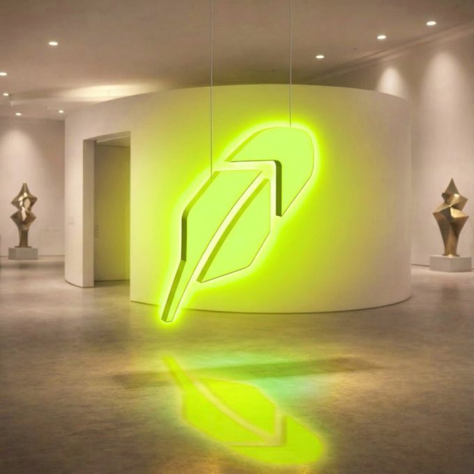 A glowing neon green feather quill sculpture is suspended in a modern gallery space, casting a vibrant reflection on the polished floor below. The luminous, soaring feather visually embodies the post's message about meme stocks on RobinHood rising toward the moon with their $GOOD picks.