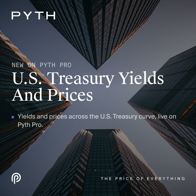 A Pyth Pro promotional graphic features a dramatic low-angle view of skyscrapers against a dark sky, announcing "NEW ON PYTH PRO: U.S. Treasury Yields And Prices" with the tagline "Yields and prices across the U.S. Treasury curve, live on Pyth Pro" and "THE PRICE OF EVERYTHING" footer, highlighting the platform's new live data feeds for Treasury markets spanning the 2Y to 30Y curve.