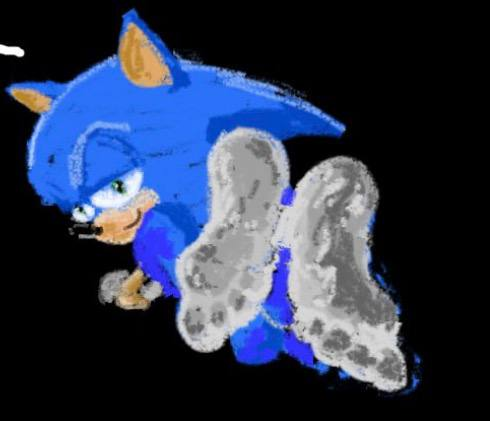 A crude digital drawing of Sonic the Hedgehog showing his large, dirty white shoes/soles prominently.