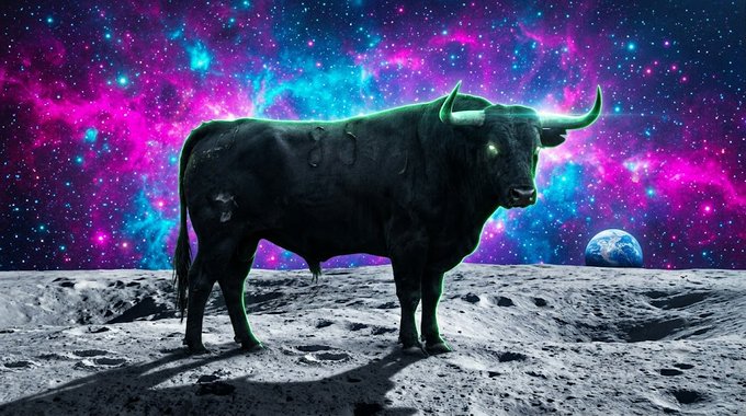 A bull stands on a lunar surface against a vibrant cosmic backdrop, symbolizing bullish momentum in the crypto market as holders of $ANSEM continue accumulating despite a 60% drop in market cap since the 7th.