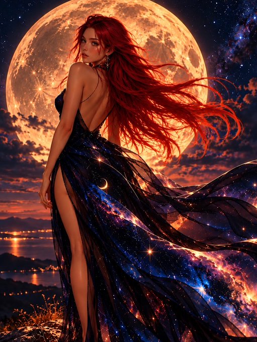 A fantasy digital illustration of a red-haired woman in a flowing starry black dress standing before a giant full moon.