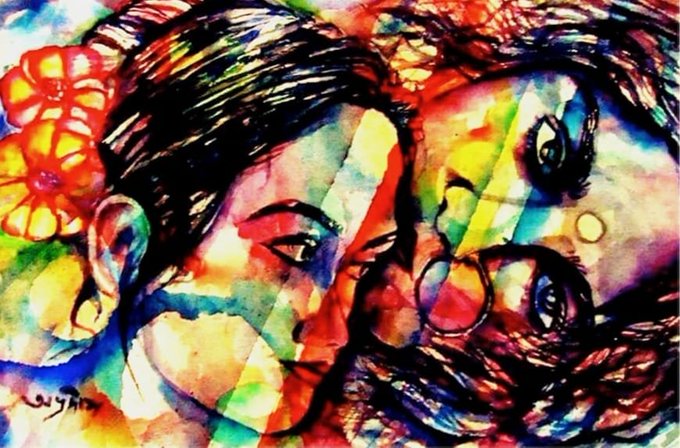 A vibrant watercolor painting by artist Abhro depicting two intertwined faces rendered in rainbow hues, with a signature "ABHRO" visible in the lower left corner, illustrating the artwork's theme of "inner selves felt worlds apart" finding balance during a rare eclipse moment. The piece, titled "ECLIPSED," sold 3 editions at 3 XRP each through xrpcafe.