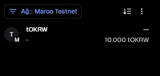 A digital wallet interface on 'Maroo Testnet' displays a balance of '10.000 tOKRW' next to a token labeled 'tOKRW'.
