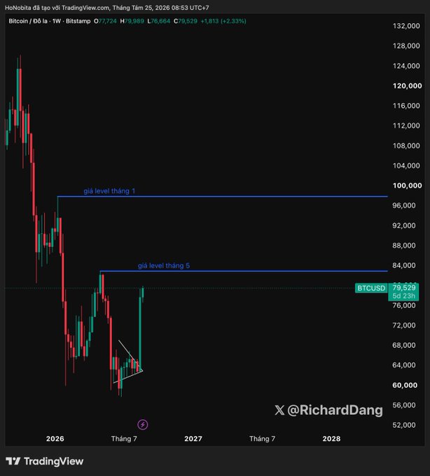 A TradingView weekly chart of BTC/USD on Bitstamp shows Bitcoin trading at $79,529, having surged 2.33% with a low of $76,664 and high of $79,989, amid annotated resistance levels at "giá level thằng 1" (~$96,000) and "giá level thằng 5" (~$84,000), and a bullish flag/pennant pattern forming after the recent sharp upward move highlighted by @RichardDang, visually supporting the post's claim of Bitcoin's short squeeze-driven surge.