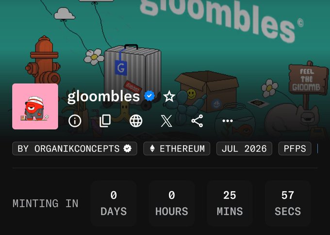 A promotional page for the "gloombles" NFT collection on Ethereum shows a mint countdown at 25 minutes, 57 seconds out, with the launch set for July 2026 by OrganikConcepts. The cartoonish artwork featuring a suited red character with a briefcase matches the hyped launch teased in the caption, while the ticking timer visualizes the imminent mint window highlighted by the post.