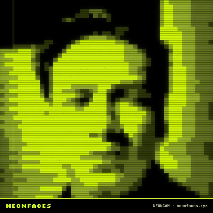A pixelated, green-and-black digital portrait of a person's face with scan lines, labeled 'NEONFACES' and 'NEONCAM · neonfaces.xyz' at the bottom.