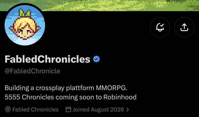 A Twitter profile screenshot for 'FabledChronicles' (@FabledChronicle) with a blue verification badge, describing itself as 'Building a crossplay platform MMORPG. 5555 Chronicles coming soon to Robinhood', joined August 2026.