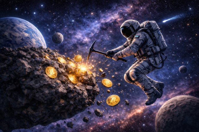 An astronaut in a spacesuit mines a gold Bitcoin-emblazoned asteroid floating in space amid planets and a starry galaxy, visually symbolizing Bitcoin mining activity. The image complements the post about the Bitcoin Miner Position Index at -1.2, illustrating the metaphorical "mining" referenced in the metric.