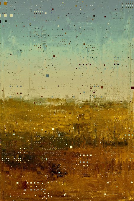 A serene abstract landscape featuring a textured golden field beneath a soft blue sky, scattered with small square marks resembling floating digital pixels. The painting evokes a tranquil, sunrise-like atmosphere that complements the warm "Good Morning" greeting from the limited series of 10 editions.