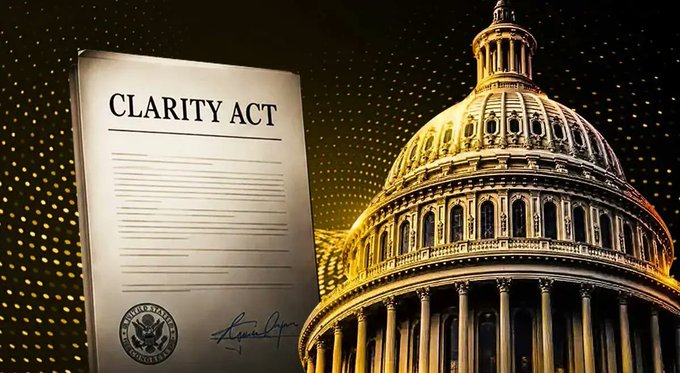 An illustration of the 'CLARITY ACT' document with a presidential seal and signature, placed in front of the illuminated U.S. Capitol dome against a golden dotted background.