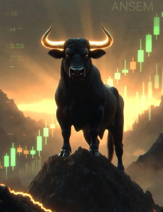 A powerful black bull stands atop a rocky peak with glowing horns, set against a backdrop of an ascending green stock candlestick chart and sunset, with the text "ANSEM" displayed in the upper right corner—visually symbolizing bullish market momentum and strength for the $ANSEM ticker mentioned in the post.