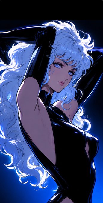 A digital illustration of a woman with flowing white curly hair wearing a glossy black outfit, set against a dark blue background.