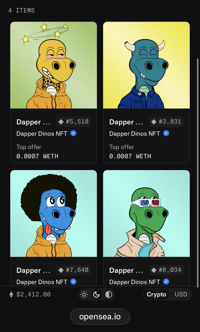 OpenSea marketplace interface displaying four cartoon dinosaur NFT characters ("Dapper Dinos NFT") with various traits like dazed stars, horns, afros, and 3D glasses, showing top offer prices in WETH.