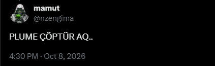 A tweet screenshot from user @nzengjima (display name "mamut") with a gorilla profile picture, reading "PLUME ÇÖPTÜR AQ.." timestamped 4:30 PM - Oct 8, 2026.