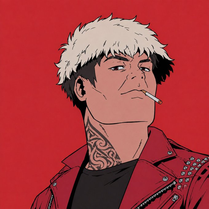 A stylized illustration of a tough-looking man with spiky white hair, a tattoo on his neck, smoking a cigarette while wearing a studded red leather jacket against a red background.
