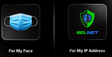 Two app icons on a dark background: a blue face mask labeled 'For My Face' and a green shield with a globe labeled 'BEL.NET' and 'For My IP Address'.