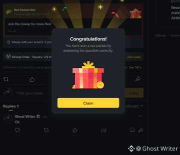 A "Congratulations!" pop-up confirms a red packet has been claimed, with the context that the Ghost Writer group is distributing these red packets via a Binance QR code link, inviting users to scan with the Binance app to join and participate.
