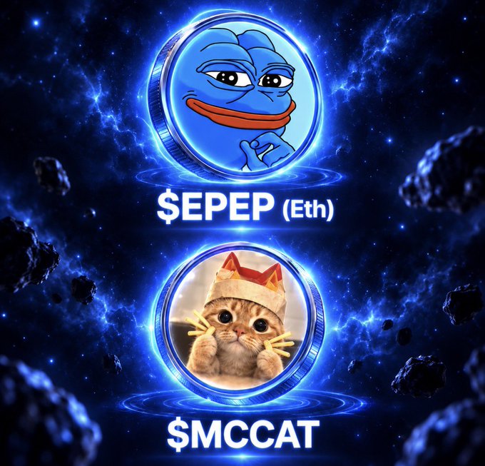 A cosmic-themed promotional image showcases two cryptocurrency tokens against a starry nebula background: "$EPEP (Eth)" featuring a smug Pepe the Frog meme, and "$MCCAT" displaying an orange tabby cat wearing a crown—directly illustrating the post's mention of two meme tokens, with $MCCAT being the featured microcap highlighted.