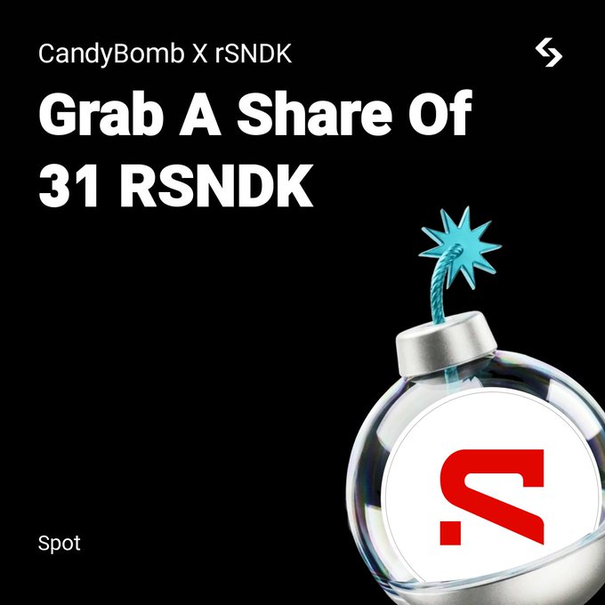 A promotional banner for a CandyBomb event by Bitget, featuring a bomb graphic with the rSNDK logo, advertising a chance to grab a share of 31 rSNDK tokens from July 28 to August 4, 2026.