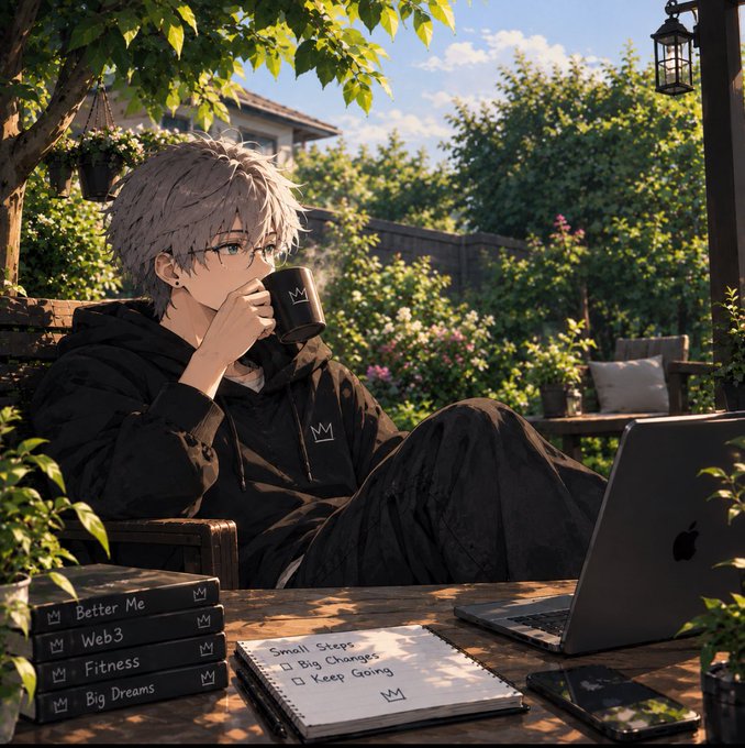 An anime-style illustration of a white-haired person in black hoodie drinking from a mug outdoors with a laptop, books labeled 'Better Me', 'Web3', 'Fitness', 'Big Dreams', and a notebook with checklist visible.