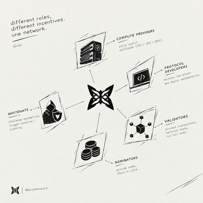 An infographic titled 'different roles, different incentives. one network.' illustrates Quip's ecosystem with icons representing Compute Providers, Protocol Developers, Validators, Nominators, and Whitehats.