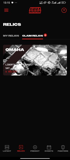 A mobile app screenshot from 'ANIMA MUNDI' showing the 'RELICS' section with a 'CLAIM RELICS' tab featuring an 'OMAHA' item related to 'LIBERTY EAGLE CREDIT UNION ALUMNI SAT, JUL 1'.