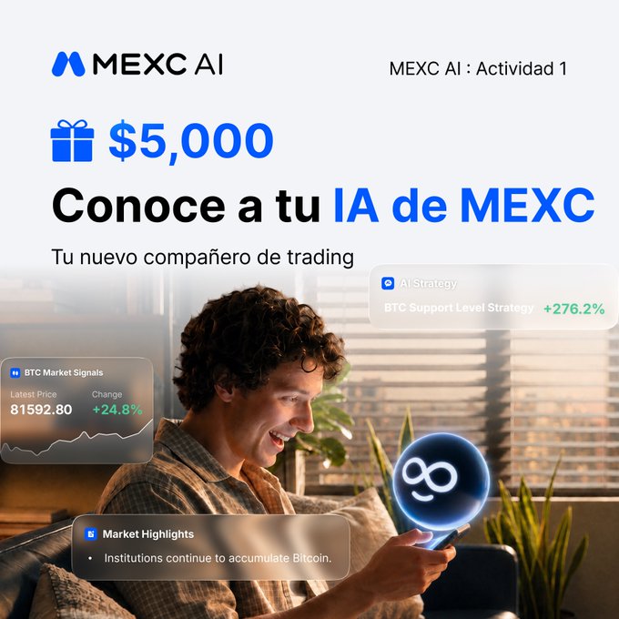 An advertisement for 'MEXC AI' features a man interacting with a glowing digital assistant. Text highlights a '$5,000' prize for 'Actividad 1' and 'BTC Market Signals' with a price of '81592.80' showing a '+24.8%' change.