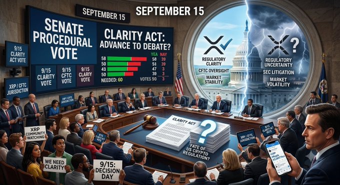 The image depicts a U.S. Senate chamber scene on September 15th, highlighting the "CLARITY Act" procedural vote with a scoreboard showing 58 Yea vs. 55 Nay (60 needed), alongside visual contrasts of regulatory clarity/market stability versus regulatory uncertainty/SEC litigation/market volatility, directly illustrating the post's concern about this pivotal crypto regulation vote that hasn't yet passed but could significantly impact XRP and the broader crypto market.
