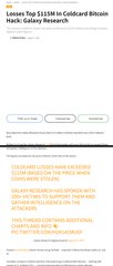 An informational page titled "Altcoin Top $135M in Coldcard Bitcoin Hack: Galaxy Research" detailing approximately $135 million in bitcoin losses and outlining lessons learned from key incidents.
