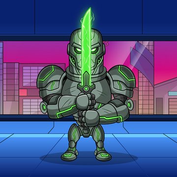An animated illustration of a futuristic armored warrior wielding a glowing green energy sword in a ready stance against a neon cityscape backdrop.