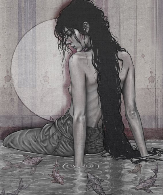 A dark, artistic illustration of a pale woman with very long black hair sitting on the floor with her back turned, surrounded by water containing paper origami fish.