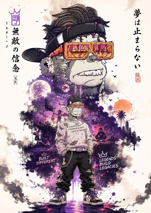A stylized digital illustration of a character in streetwear with goggles and a backwards cap, featuring purple paint splashes and Japanese text alongside phrases like 'BUILT DIFFERENT' and 'LEGENDS BUILD LEGACIES'.