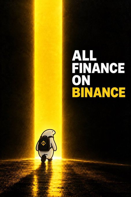A Binance promotional poster featuring a small animated penguin with a backpack approaching a glowing yellow doorway, accompanied by the text 'ALL FINANCE ON BINANCE'.
