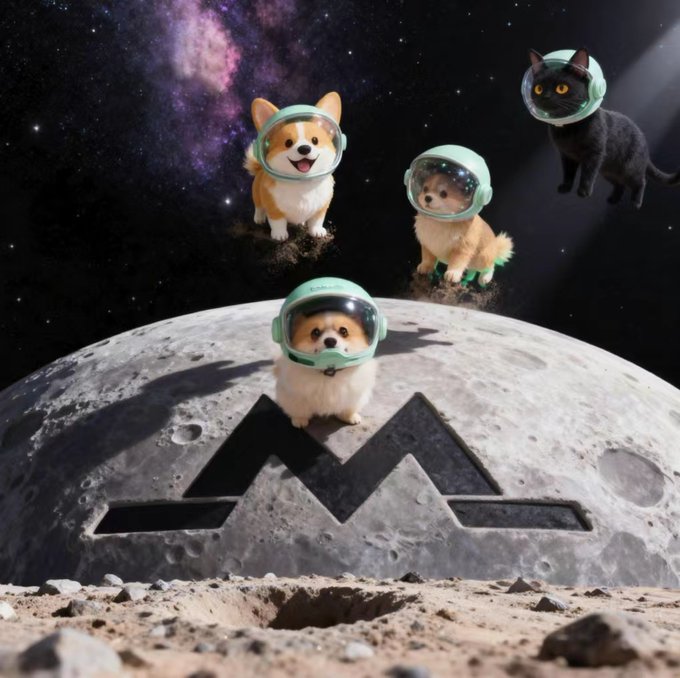 A whimsical image of four dogs and a cat wearing astronaut helmets floating in space above the moon, which features a large dark crown logo etched into its surface.