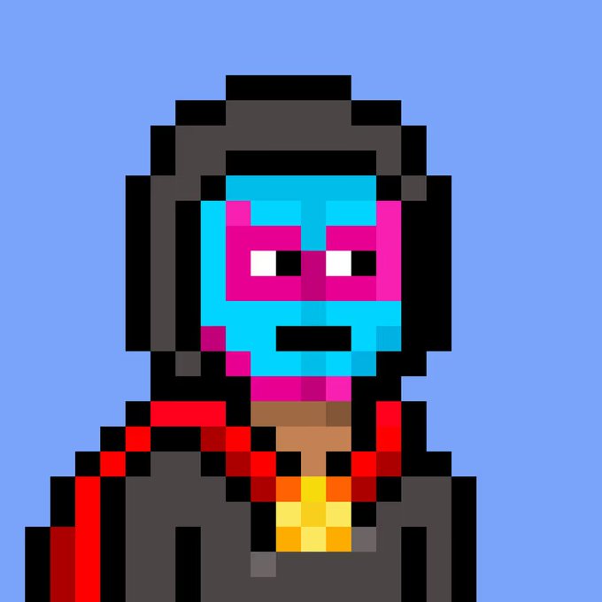 A pixel art portrait of a blue-skinned character wearing a dark hooded cloak with red trim and a yellow glowing emblem.
