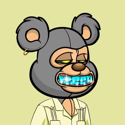 A cartoon illustration of a gray mouse-like character with an earring, wearing a shirt, and sporting shiny blue diamond teeth.