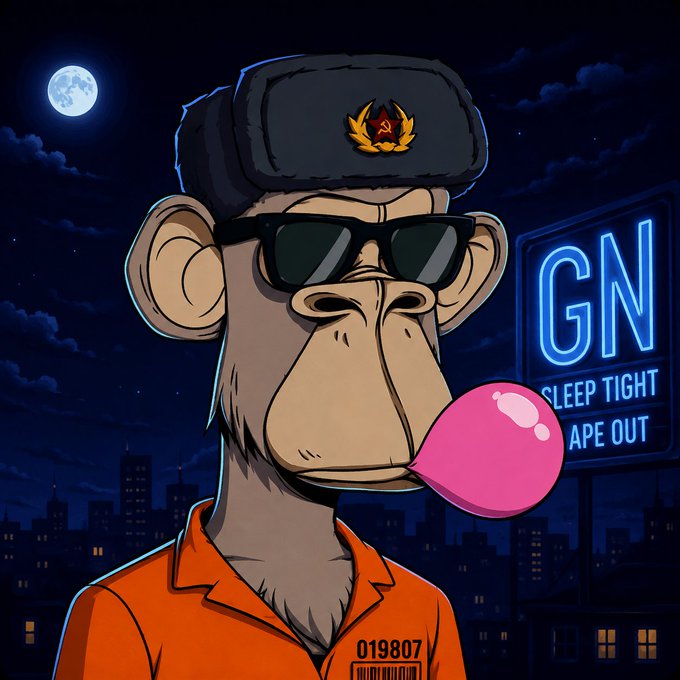 A cartoon illustration of a monkey wearing a Soviet ushanka hat with a red star, sunglasses, and an orange prison uniform with "019807" on it, blowing a pink bubblegum bubble. Behind the monkey is a "GN Sleep Tight Ape Out" neon sign.