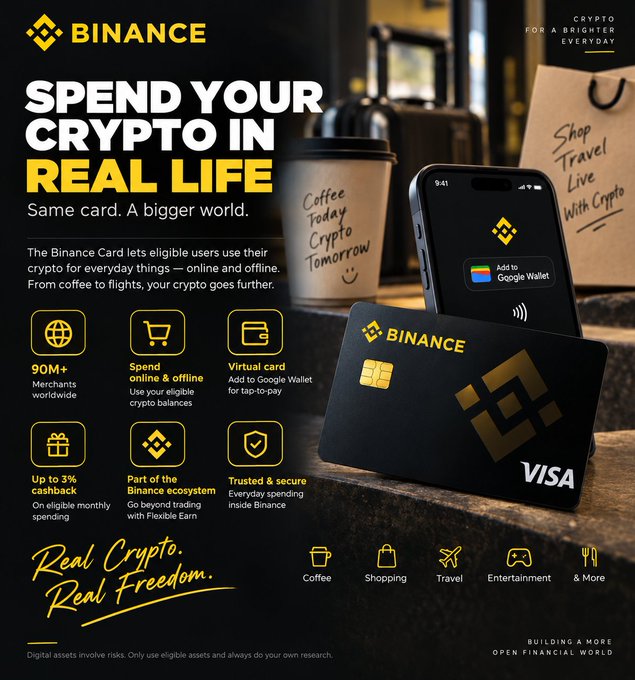 A Binance promotional advertisement with the text 'SPEND YOUR CRYPTO IN REAL LIFE' and 'Same card. A bigger world.' shows a physical Binance Visa card next to a smartphone, highlighting features like '90M+ Merchants worldwide' and 'Up to 3% cashback'.