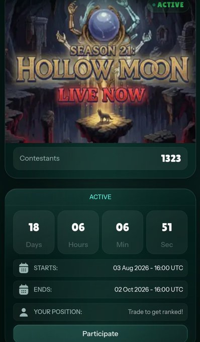 A mobile app screen for 'Season 21: Hollow Moon Live Now' showing 1323 contestants and an active countdown timer of 18 days, 06 hours, 06 minutes, and 51 seconds.