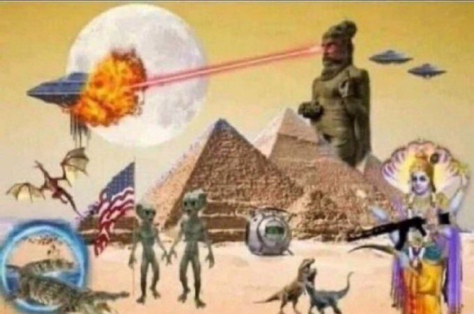 A surreal collage featuring pyramids, a large moon, a fighter jet firing lasers, a giant statue, aliens, a portal with a dinosaur, and other miscellaneous elements.