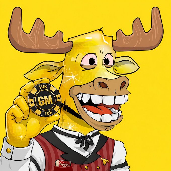 A cartoon illustration of a golden moose character in casino dealer attire holding a 'GM 10K' poker chip against a yellow background.
