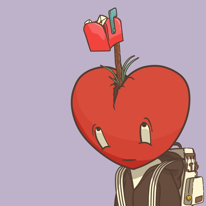 An illustration of a character with a red tomato head wearing a backpack, with a miniature red mailbox on a stick emerging from its stem.