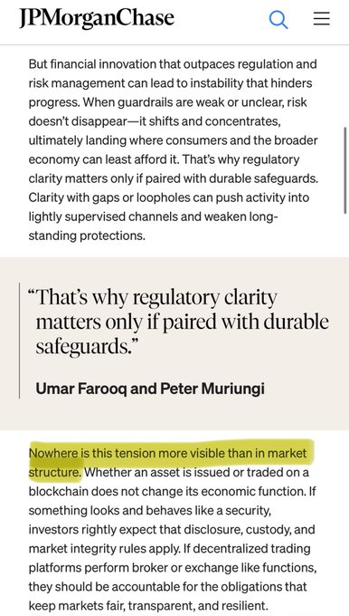 JPMorganChase article excerpt discussing regulatory clarity and durable safeguards, quoting Umar Farooq and Peter Murungi about blockchain and market structure.